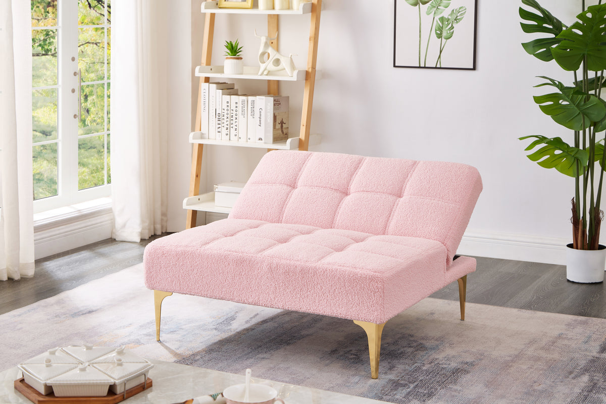 Convertible Single Sofa Bed Futon With Gold Metal Legs Teddy Fabric Pink Pink Teddy Foam Fabric