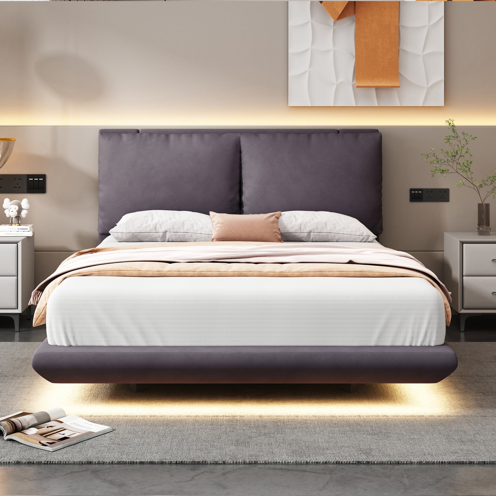 Full Size Upholstered Platform Bed With Sensor Light And 2 Large Backrests, Stylish Platform Bed With 2 Sets Of Usb Port And Socket On Each Rear Bed Leg, Gray Gray Velvet