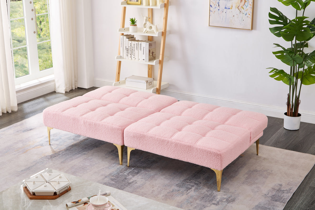 71" Convertible Sofa Bed Futon With Gold Metal Legs Teddy Fabric Pink Pink Teddy Foam Fabric