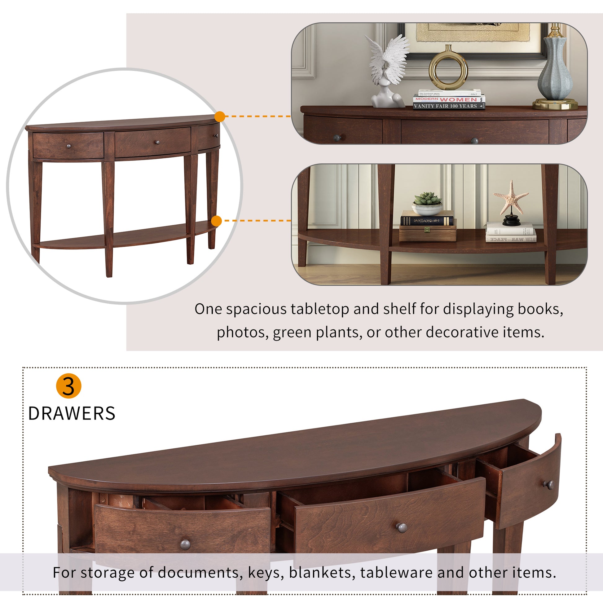 Modern Curved Console Table Sofa Table With 3 Drawers And 1 Shelf For Hallway, Entryway, Living Room Espresso Solid Wood Mdf