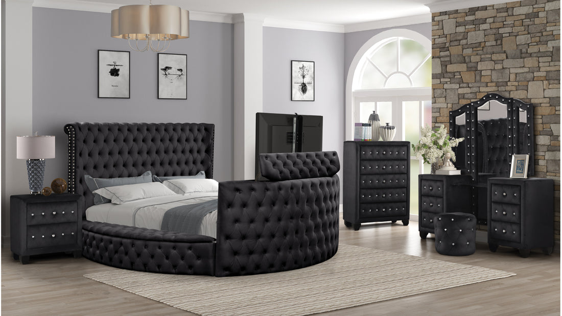 Crystal Tufted Queen 5 Pc Vanity Bedroom Set Made With Wood In Black Box Spring Not Required Queen Black Wood 5 Piece Set Bedroom Modern Upholstered Velvet Tufted Wood