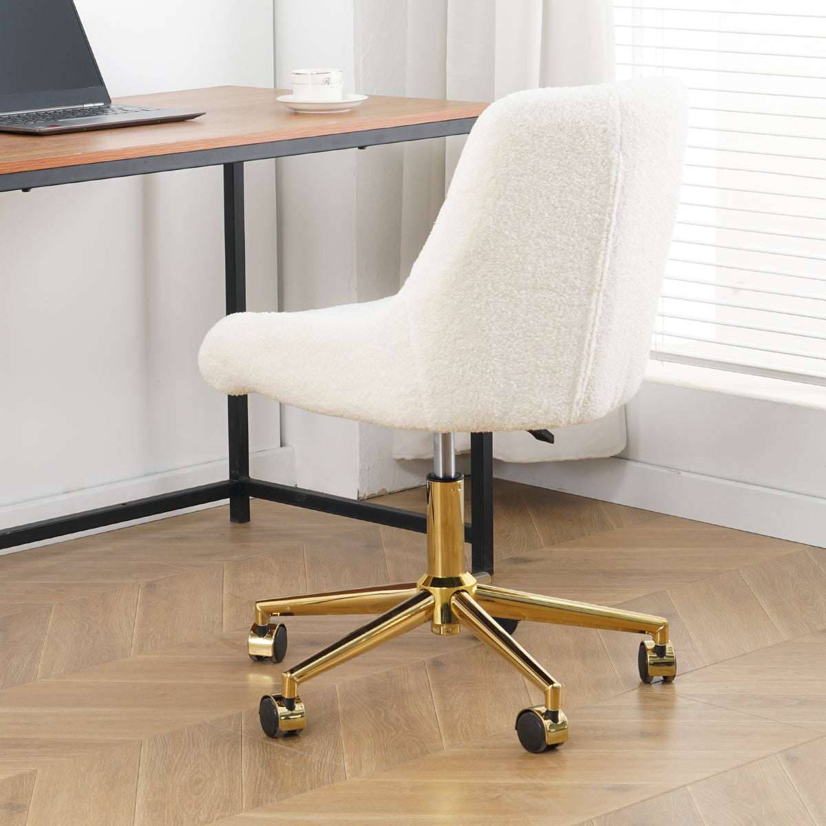 Modern Teddy Fleece Fabric With Gold Legs Living Room Furniture Dining Chair, Soft And Comfortable, Lift Adjustment, Free Movement Convenient, Space Saving. Set Of 1 Metal Beige Teddy
