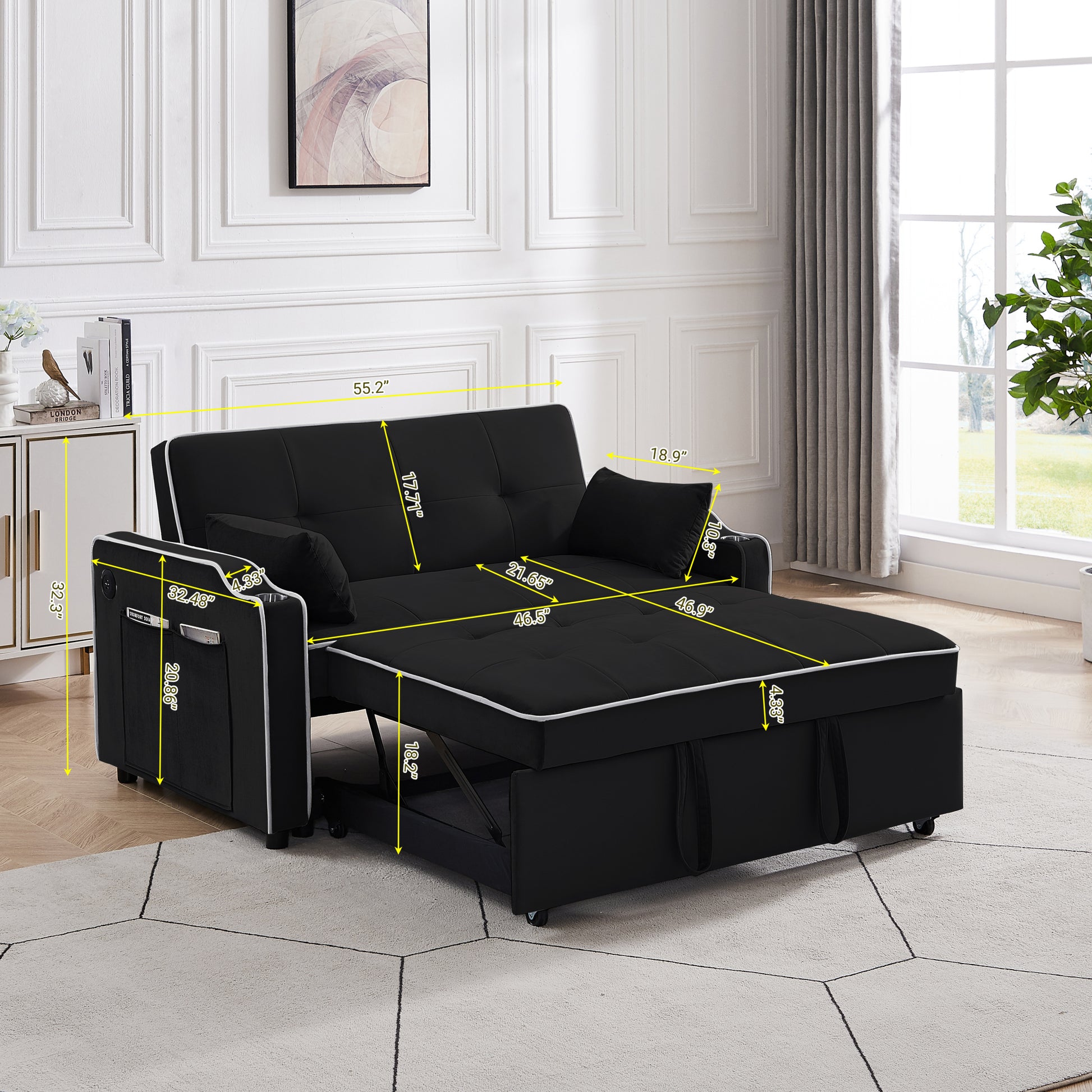 Sofa Bed, 3 In 1 Convertible Sofa Chair Bed, Adjustable Backrest Chair, Chaise Lounge With Usb Ports, Cup Holder, Side Pocket,Black Black Velvet