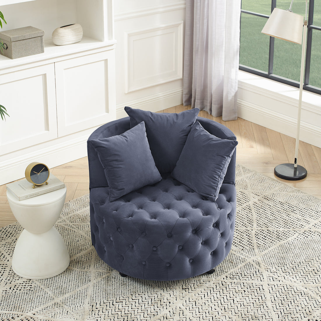 Velvet Upholstered Swivel Chair For Living Room, With Button Tufted Design And Movable Wheels, Including 3 Pillows, Grey Grey Foam
