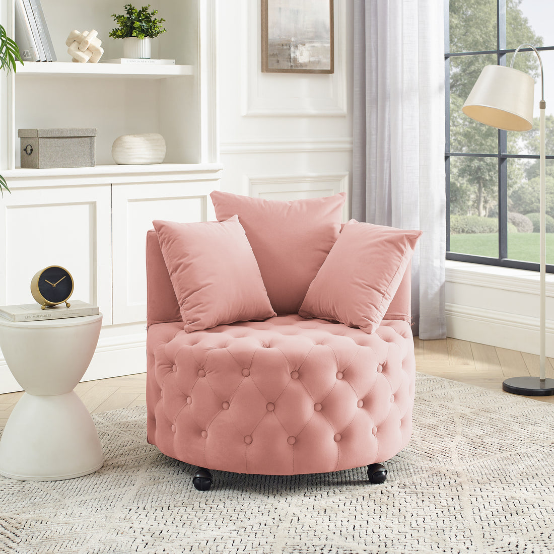 Velvet Upholstered Swivel Chair For Living Room, With Button Tufted Design And Movable Wheels, Including 3 Pillows, Pink Pink Foam