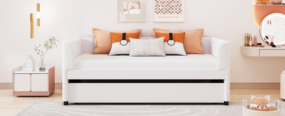 Twin Size Upholstered Daybed With Ergonomic Design Backrest And Trundle, Beige Beige Velvet