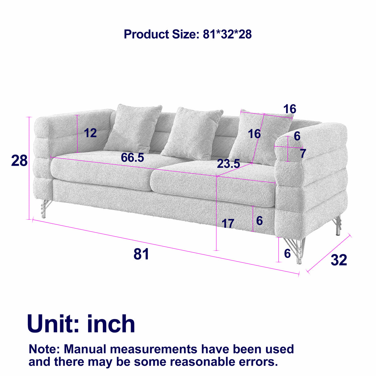 81 Inch Oversized 3 Seater Sectional Sofa, Living Room Comfort Fabric Sectional Sofa Deep Seating Sectional Sofa, Soft Sitting With 3 Pillows For Living Room,Bedroom,White Teddy Ivory W834S00036