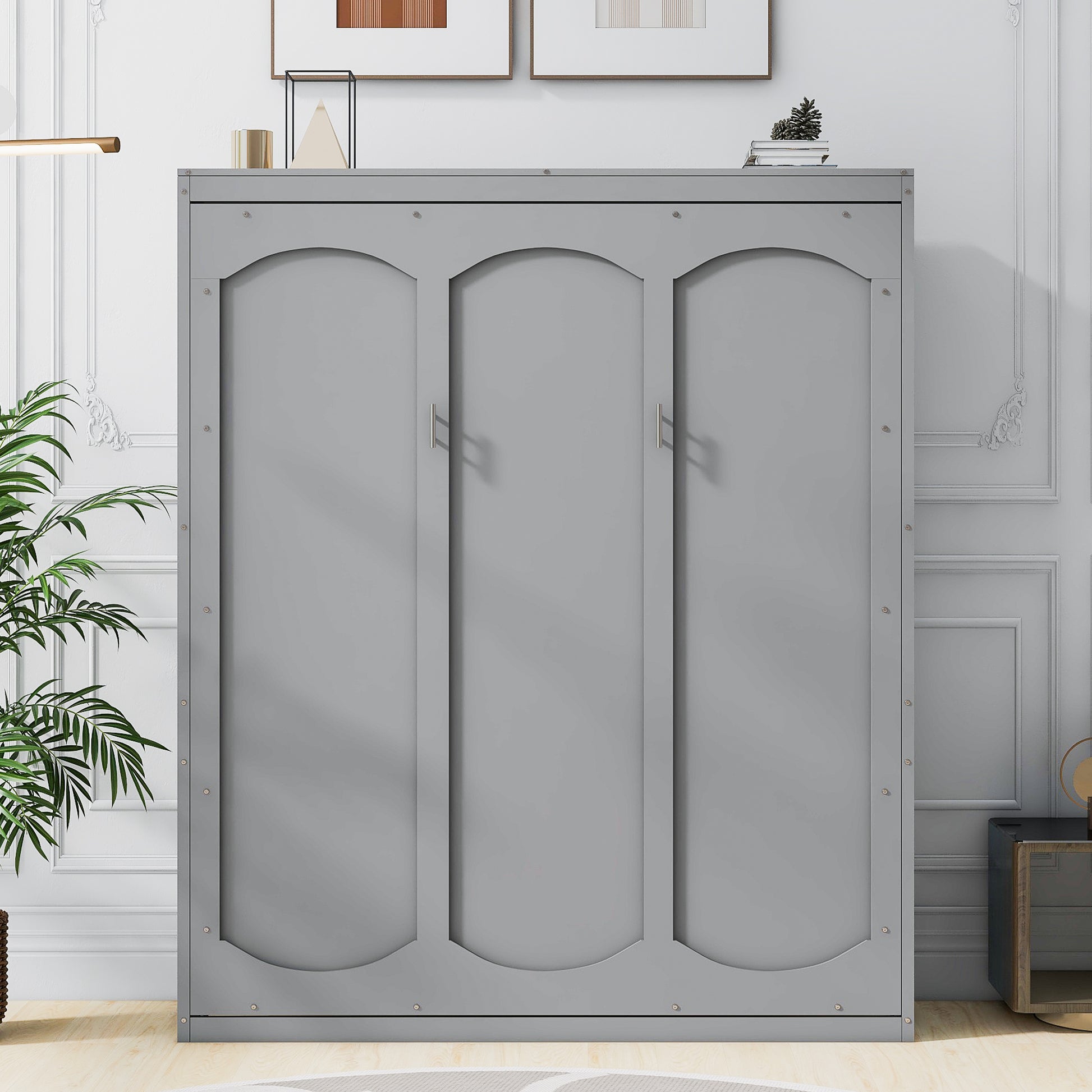 Queen Size Murphy Bed Wall Bed With Shelves,Gray Gray Solid Wood Mdf