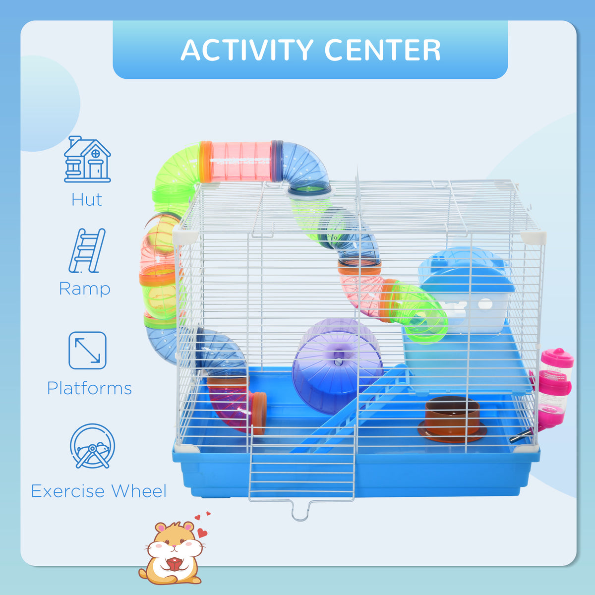 18" 2 Tier Hamster Cage With Wheel And Water Bottle, Blue Blue Metal