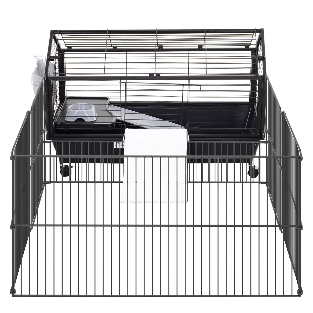 Small Animal Playpen Cage W Rolling Caster, Water Bottle, 35" L Black Steel
