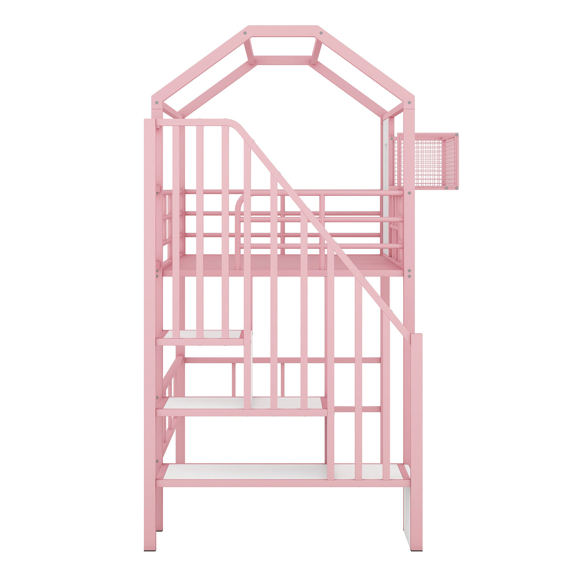 Metal Loft Bed With Roof Design And A Storage Box, Twin, Pink Twin Pink Metal