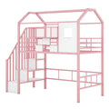 Metal Loft Bed With Roof Design And A Storage Box, Twin, Pink Twin Pink Metal