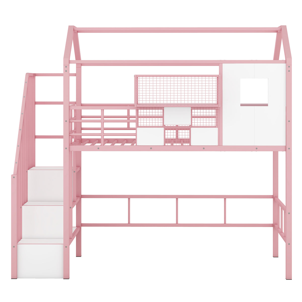 Metal Loft Bed With Roof Design And A Storage Box, Twin, Pink Twin Pink Metal
