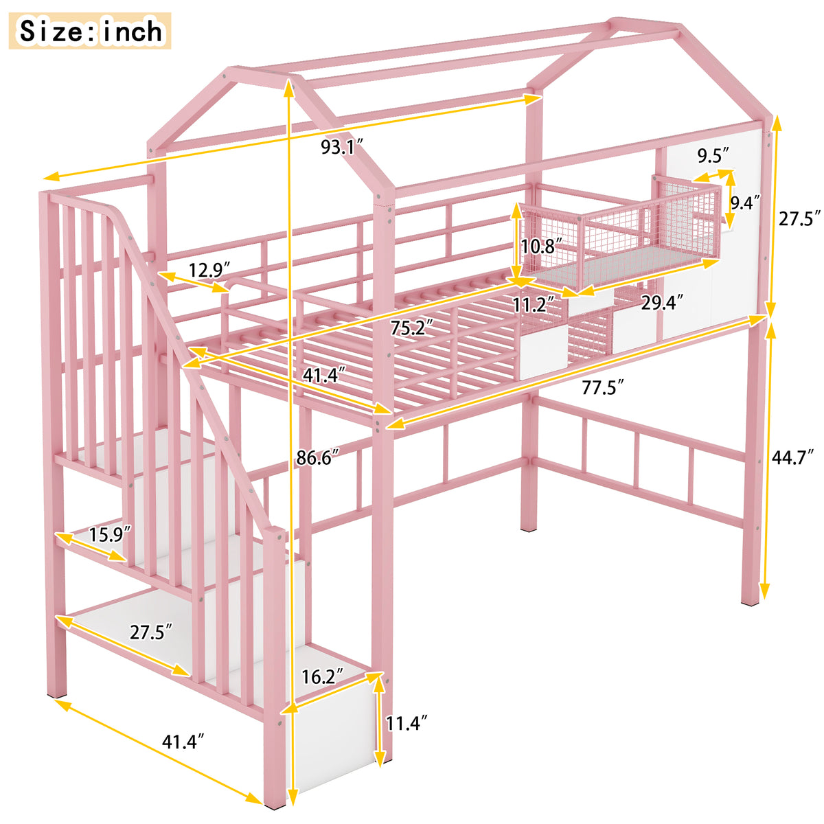 Metal Loft Bed With Roof Design And A Storage Box, Twin, Pink Twin Pink Metal