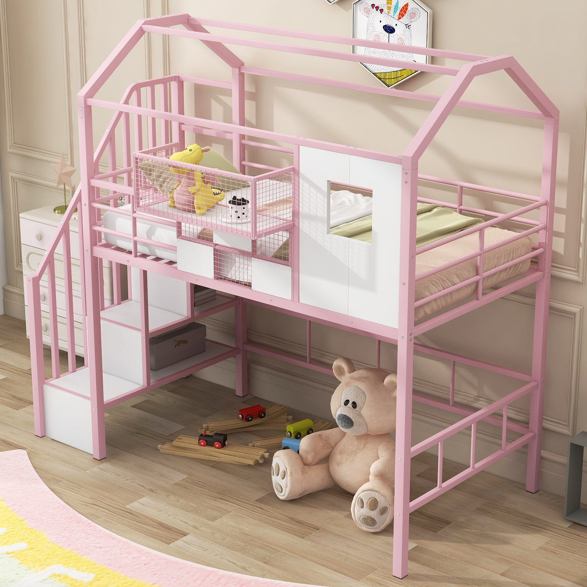 Metal Loft Bed With Roof Design And A Storage Box, Twin, Pink Twin Pink Metal