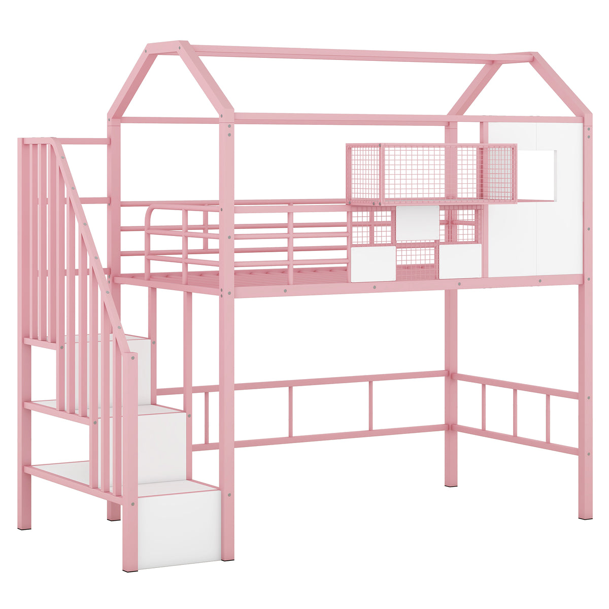 Metal Loft Bed With Roof Design And A Storage Box, Twin, Pink Twin Pink Metal