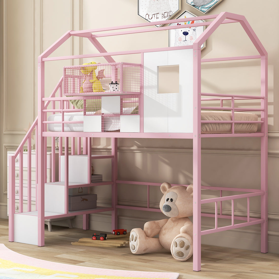 Metal Loft Bed With Roof Design And A Storage Box, Twin, Pink Twin Pink Metal