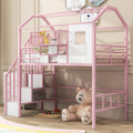 Metal Loft Bed With Roof Design And A Storage Box, Twin, Pink Twin Pink Metal