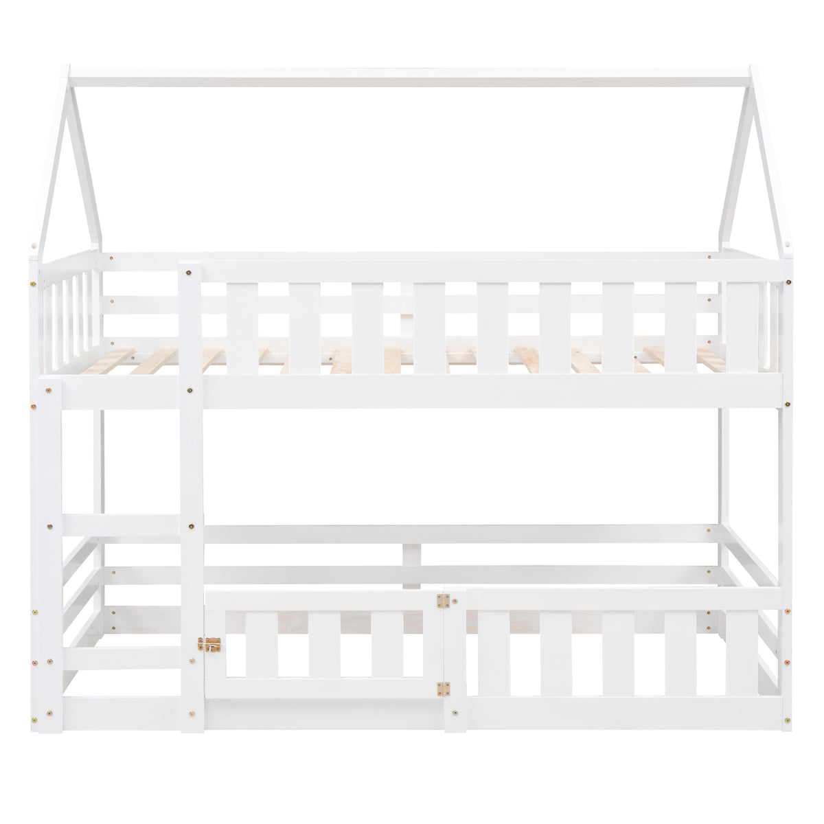 Twin Over Twin House Bunk Bed With Fence And Door, White Box Spring Not Required Twin White Wood Bedroom Bunk Solid Wood Mdf