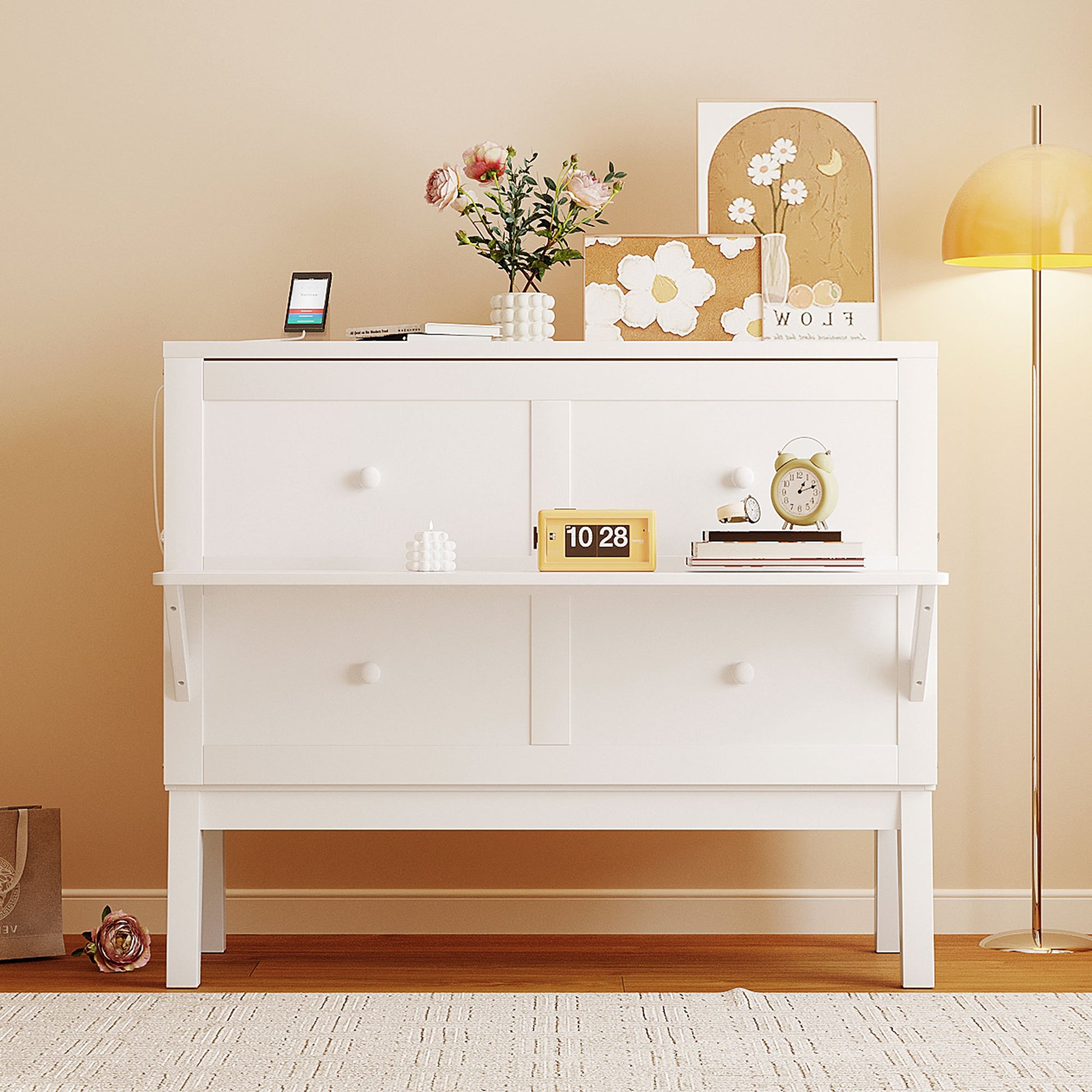 Full Size Murphy Bed With Usb Port And Removable Shelves On Each Side,White White Solid Wood Mdf