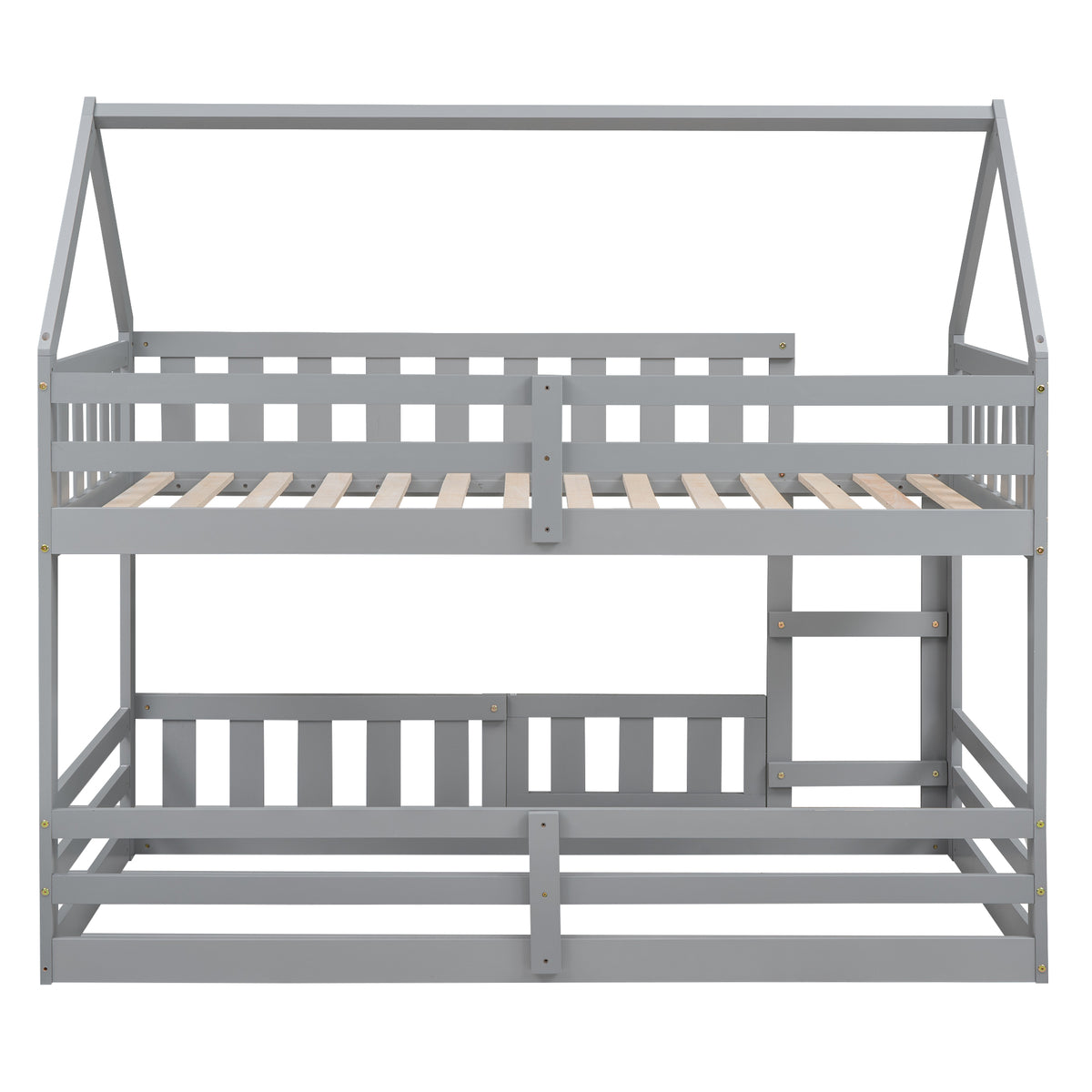 Twin Over Twin House Bunk Bed With Fence And Door, Gray Box Spring Not Required Twin Gray Wood Bedroom Bunk Solid Wood Mdf