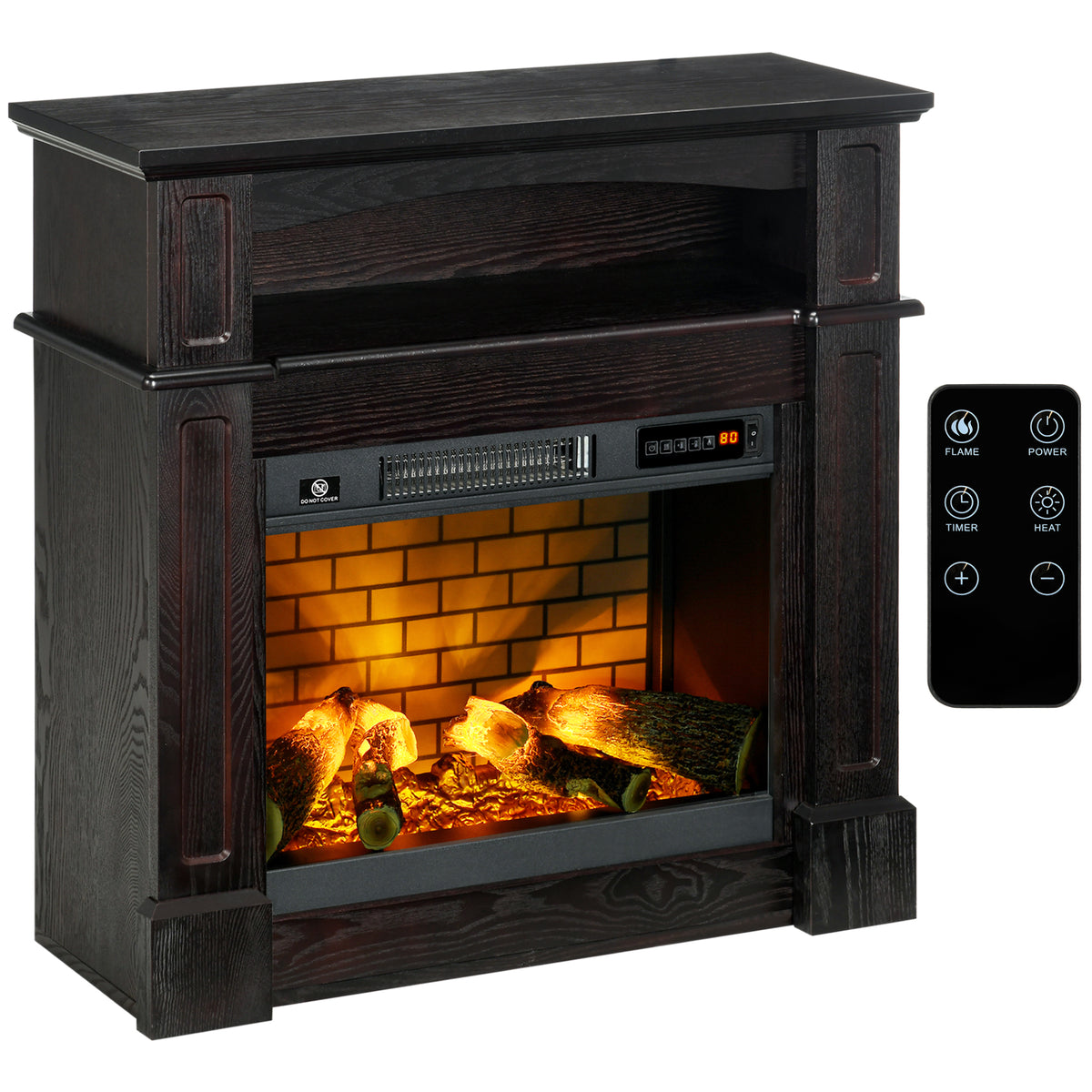 32" Electric Fireplace With Mantel, Freestanding Heater With Led Log Flame, Shelf And Remote Control, 700W 1400W, Brown Brown Steel