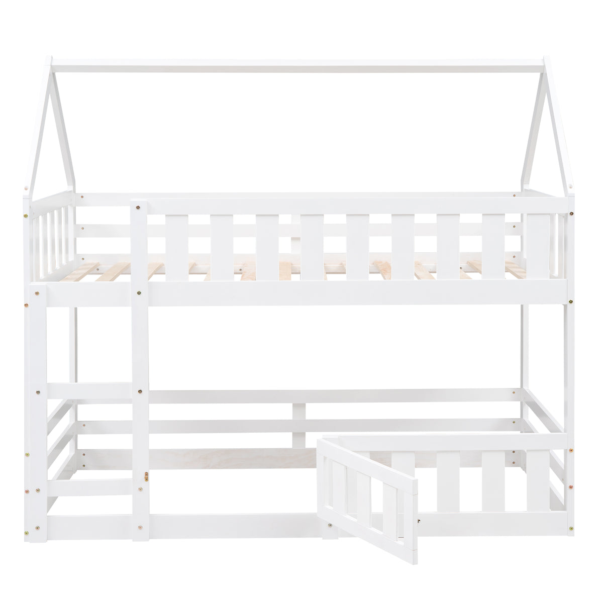 Twin Over Twin House Bunk Bed With Fence And Door, White Box Spring Not Required Twin White Wood Bedroom Bunk Solid Wood Mdf