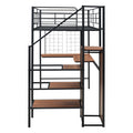 Twin Size Metal Loft Bed With Desk And Metal Grid, Stylish Metal Frame Bed With Lateral Storage Ladder And Wardrobe, Black Black Mdf Metal