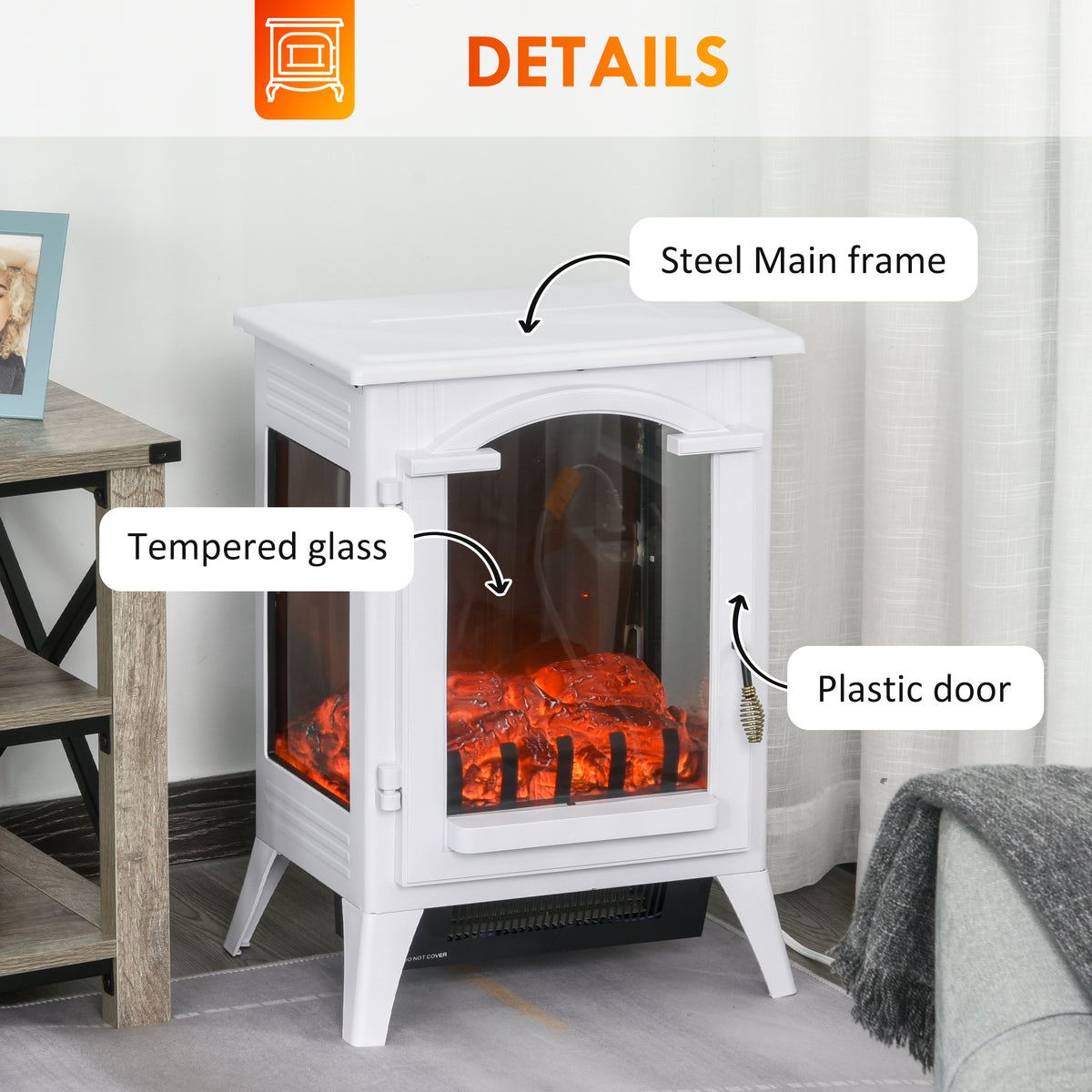 23" Electric Fireplace Heater, Fire Place Stove With Realistic Led Flames And Logs And Overheating Protection, 750W 1500W, White White Metal