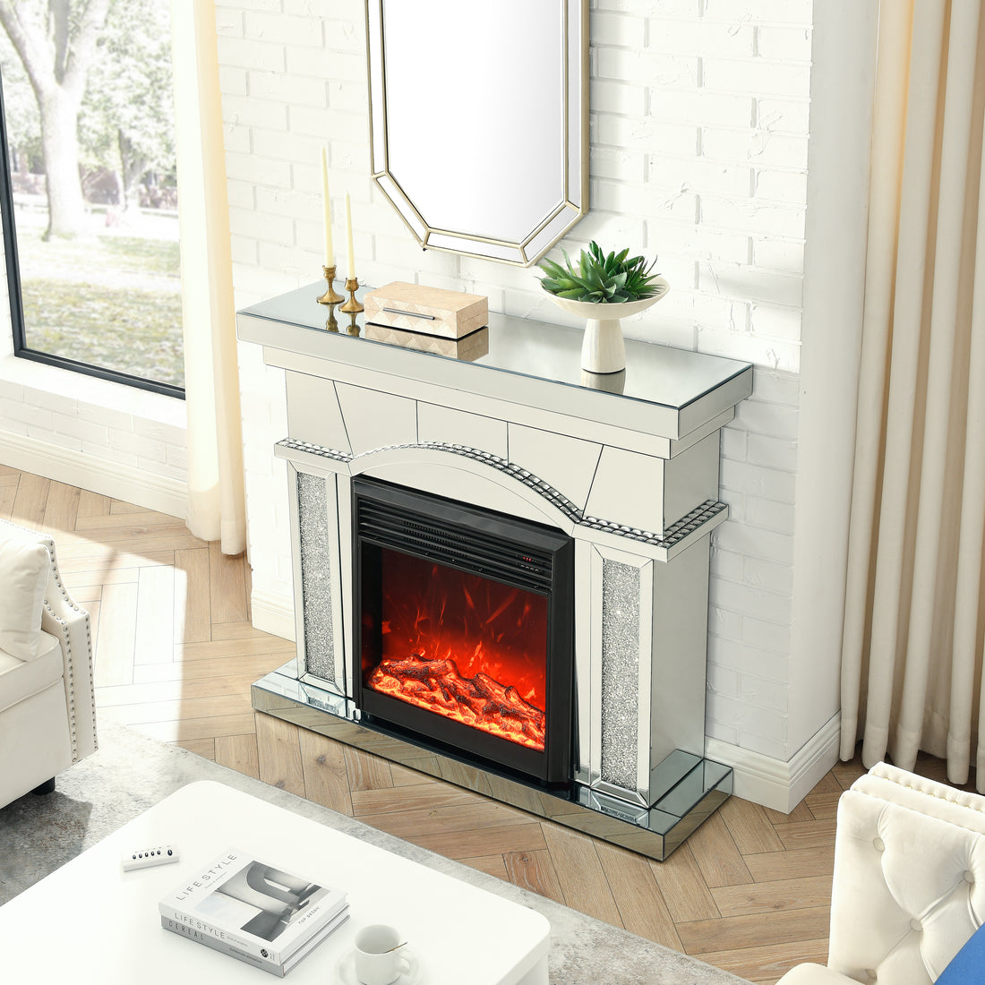 W 46" X D 12.5" X H 41" Dome Door Acrylic Mirror Fireplace Cabinet, Tv Fireplace Cabinet Powder Coated Electric Primary Living Space Yes Insert Electric 41 50 Yes Silver 400 Natural Vent American Design Acrylic Mdf Glass