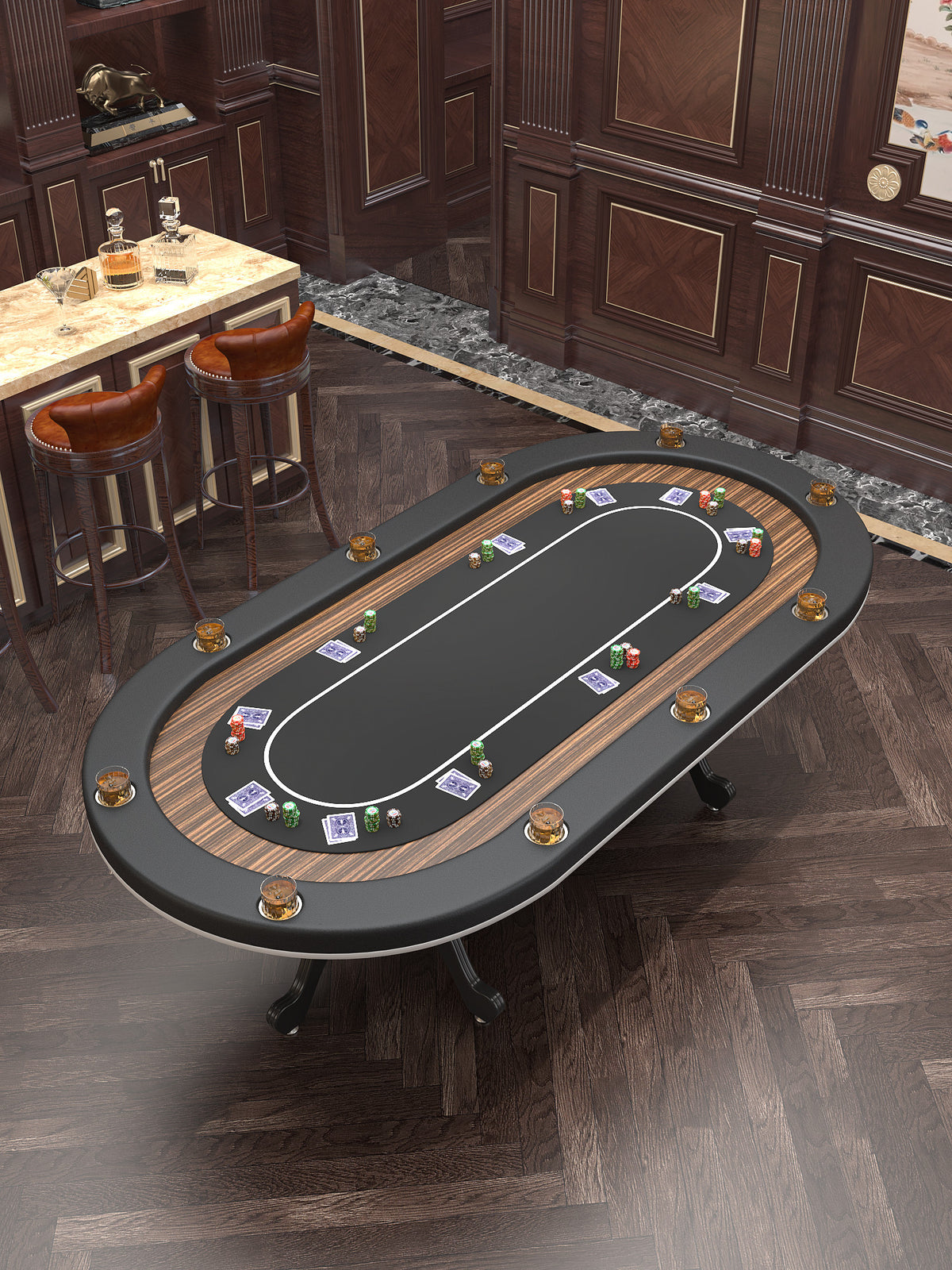 96" Oval Aura Casino Waterproof Felt Curved Legs Poker Table Black Wood