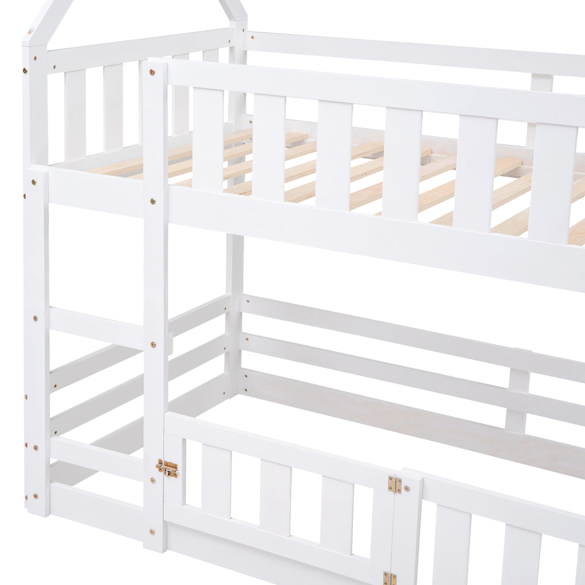 Twin Over Twin House Bunk Bed With Fence And Door, White Box Spring Not Required Twin White Wood Bedroom Bunk Solid Wood Mdf