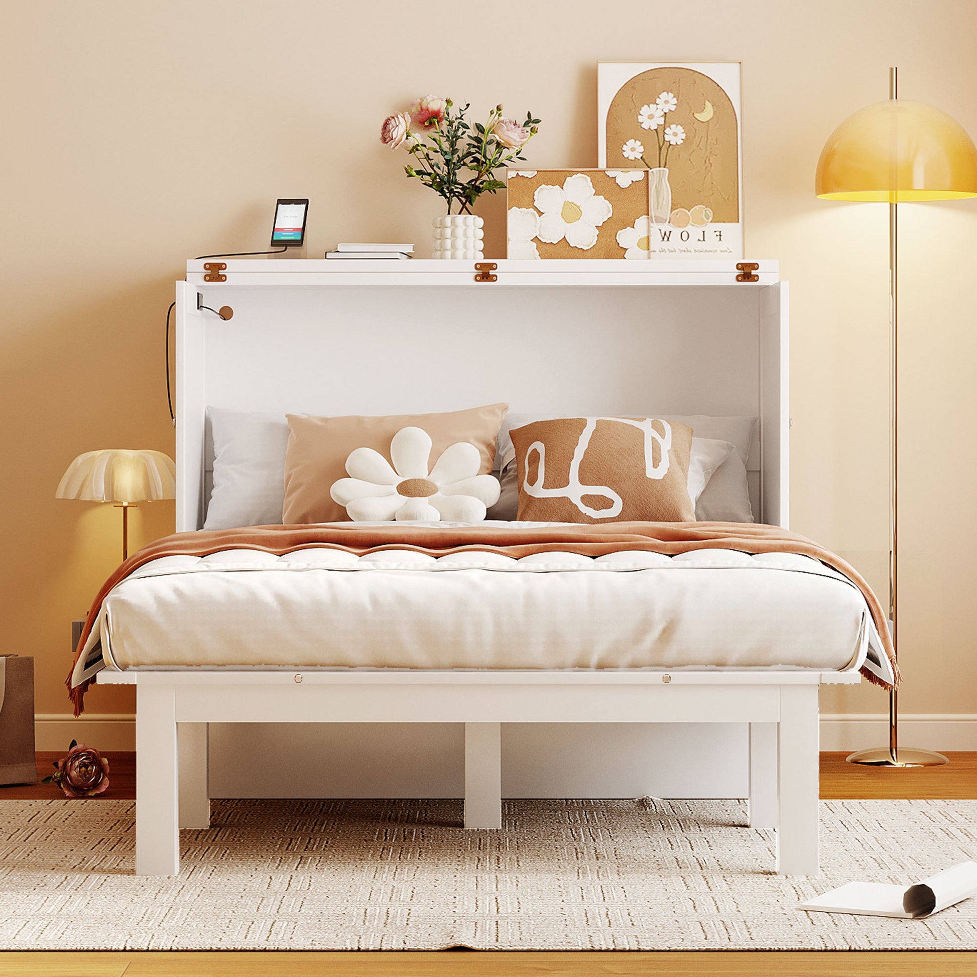Full Size Murphy Bed With Usb Port And Removable Shelves On Each Side,White White Solid Wood Mdf