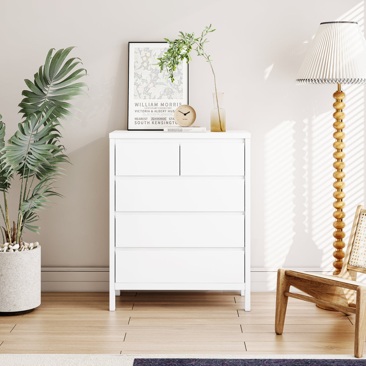 31.61"4 Tier 5 Drawer Mdf Storage Cabinet,For Bedroom,Living Room,Dining Room,Hallways,White White Mdf