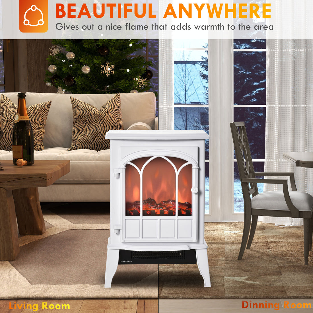 22" Electric Fireplace Stove, Freestanding Fire Place Heater With Realistic Logs And Led Flame, Adjustable Temperature, Overheat Protection, 750W 1500W, White White Tempered Glass