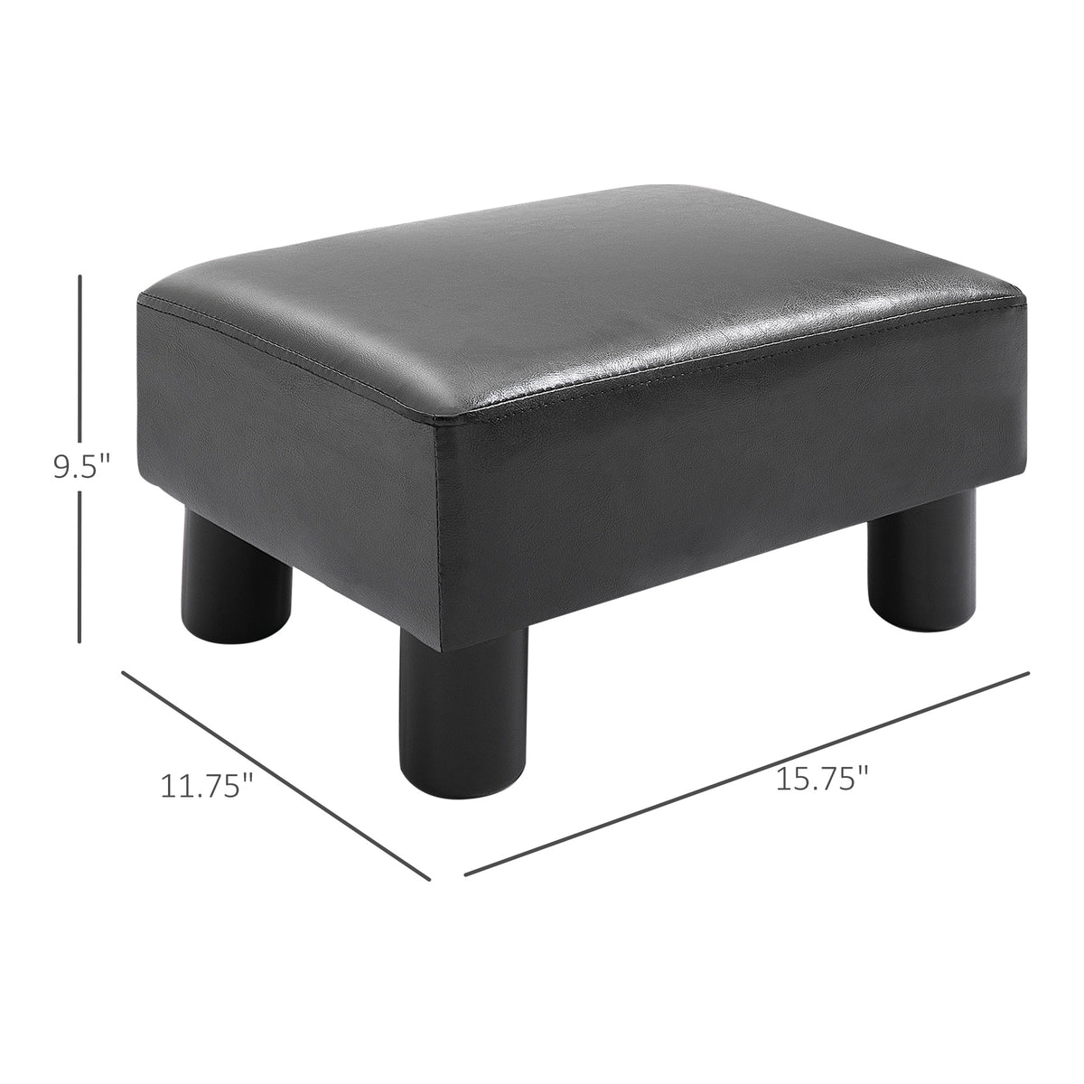 Ottoman Foot Rest, Small Foot Stool With Faux Leather Upholstery, Rectangular Ottoman Footrest With Padded Foam Seat And Plastic Legs, Bright Black Black Faux Leather