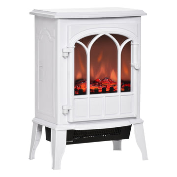 22" Electric Fireplace Stove, Freestanding Fire Place Heater With Realistic Logs And Led Flame, Adjustable Temperature, Overheat Protection, 750W 1500W, White White Tempered Glass