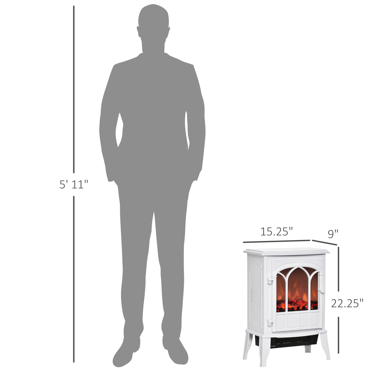 22" Electric Fireplace Stove, Freestanding Fire Place Heater With Realistic Logs And Led Flame, Adjustable Temperature, Overheat Protection, 750W 1500W, White White Tempered Glass