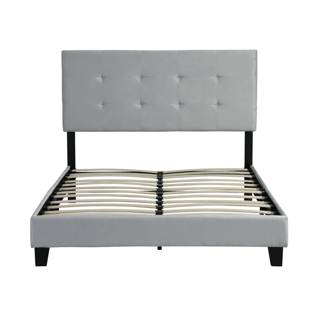 Queen Size Upholstered Platform Bed Frame With Pull Point Tufted Headboard, Strong Wood Slat Support, Mattress Foundation, No Box Spring Needed, Easy Assembly, Gray Gray Velvet
