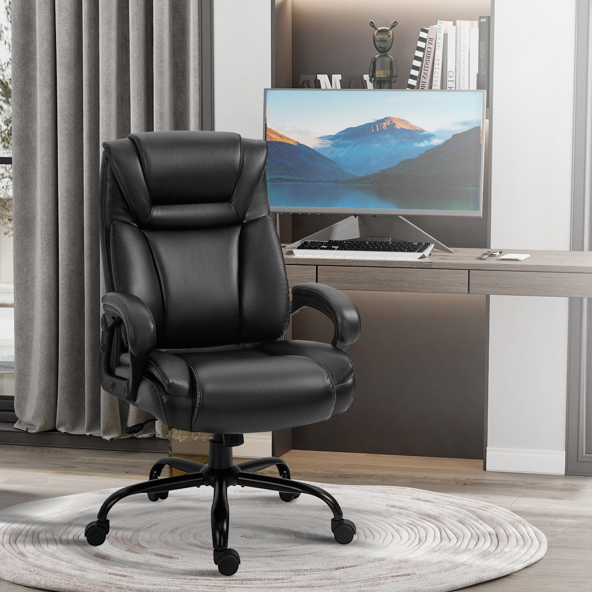 Big And Tall 400Lbs Executive Office Chair With Wide Seat, Computer Desk Chair With High Back Pu Leather Ergonomic Upholstery, Adjustable Height And Swivel Wheels, Black Black Faux Leather
