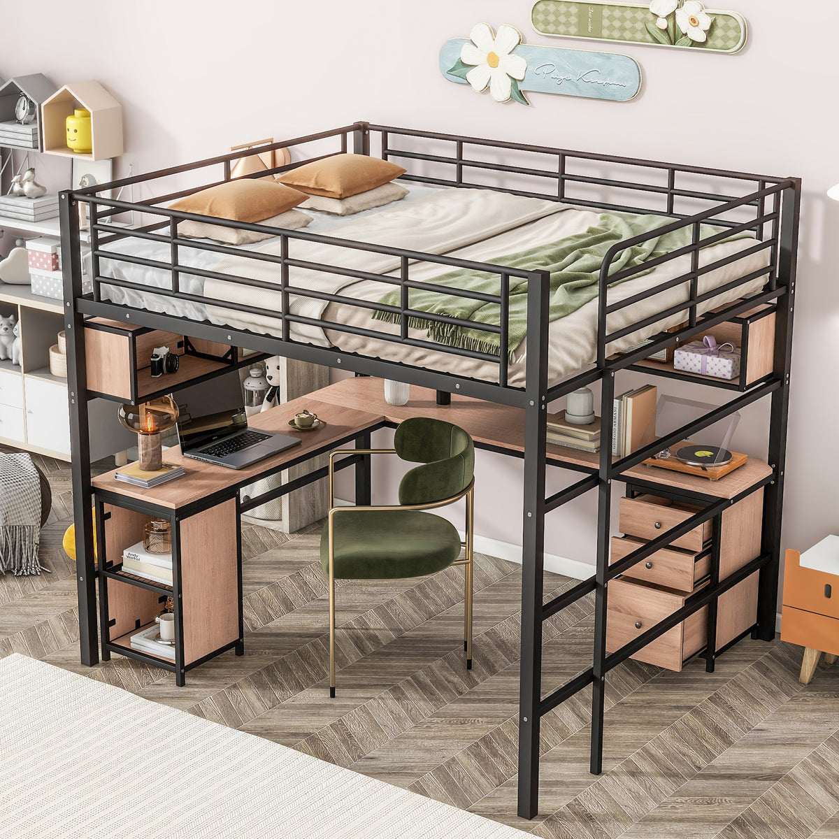 Metal Loft Bed With Bookcase, Desk And Cabinet, Full, Black Black Metal