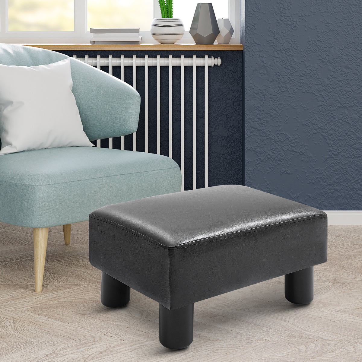 Ottoman Foot Rest, Small Foot Stool With Faux Leather Upholstery, Rectangular Ottoman Footrest With Padded Foam Seat And Plastic Legs, Bright Black Black Faux Leather