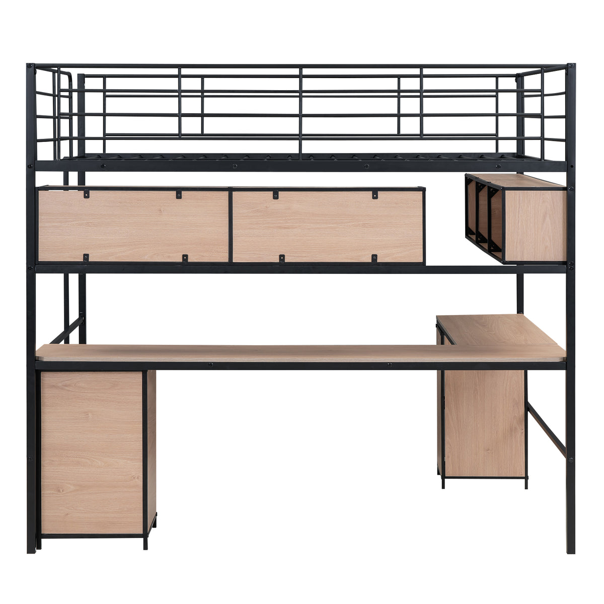 Metal Loft Bed With Bookcase, Desk And Cabinet, Full, Black Black Metal