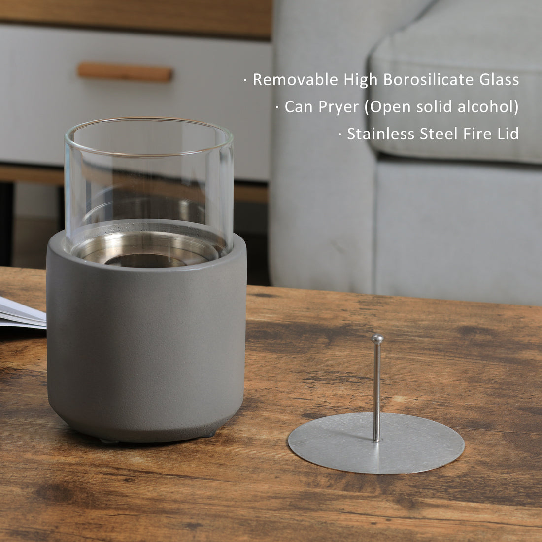 Tabletop Fireplace, Mini Concrete Ethanol Fire Bowl With Lid, Burns Up With Liquid Alcohol And Solid Tablet Alcohol, Light Grey Light Grey Stainless Steel