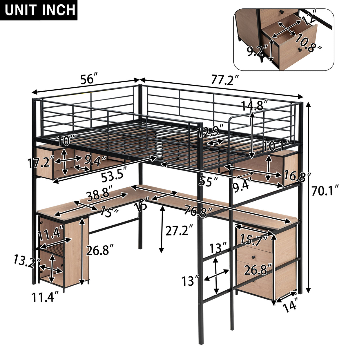 Metal Loft Bed With Bookcase, Desk And Cabinet, Full, Black Black Metal