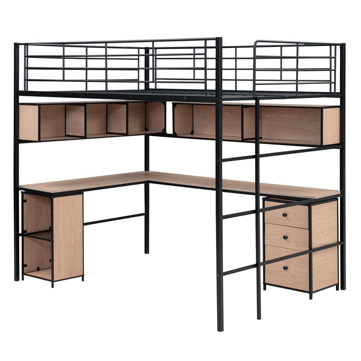 Metal Loft Bed With Bookcase, Desk And Cabinet, Full, Black Black Metal