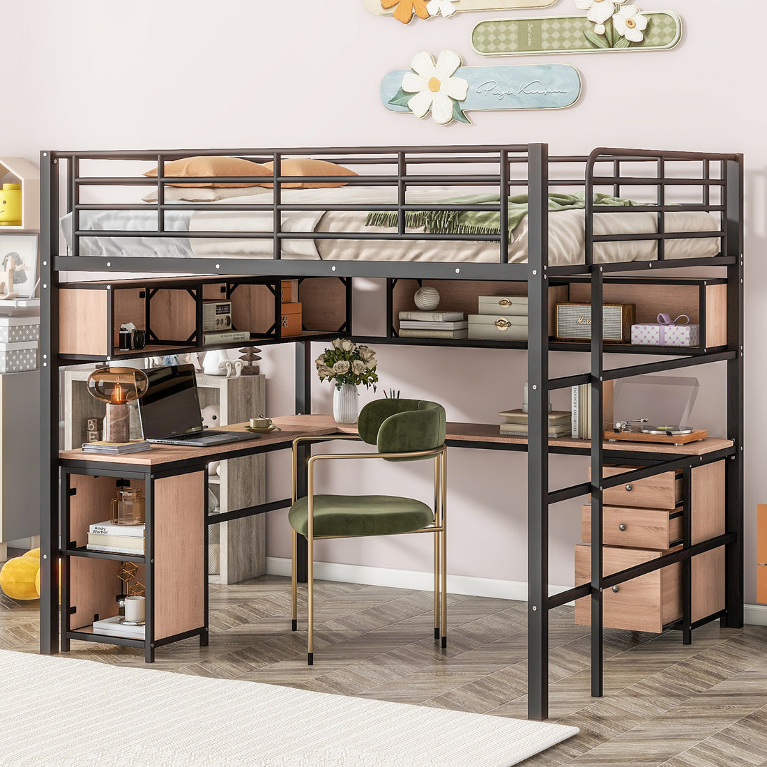 Metal Loft Bed With Bookcase, Desk And Cabinet, Full, Black Black Metal