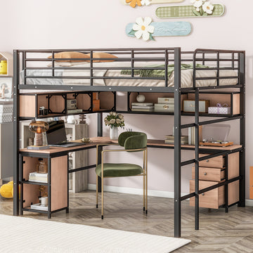Metal Loft Bed With Bookcase, Desk And Cabinet, Full, Black Black Metal