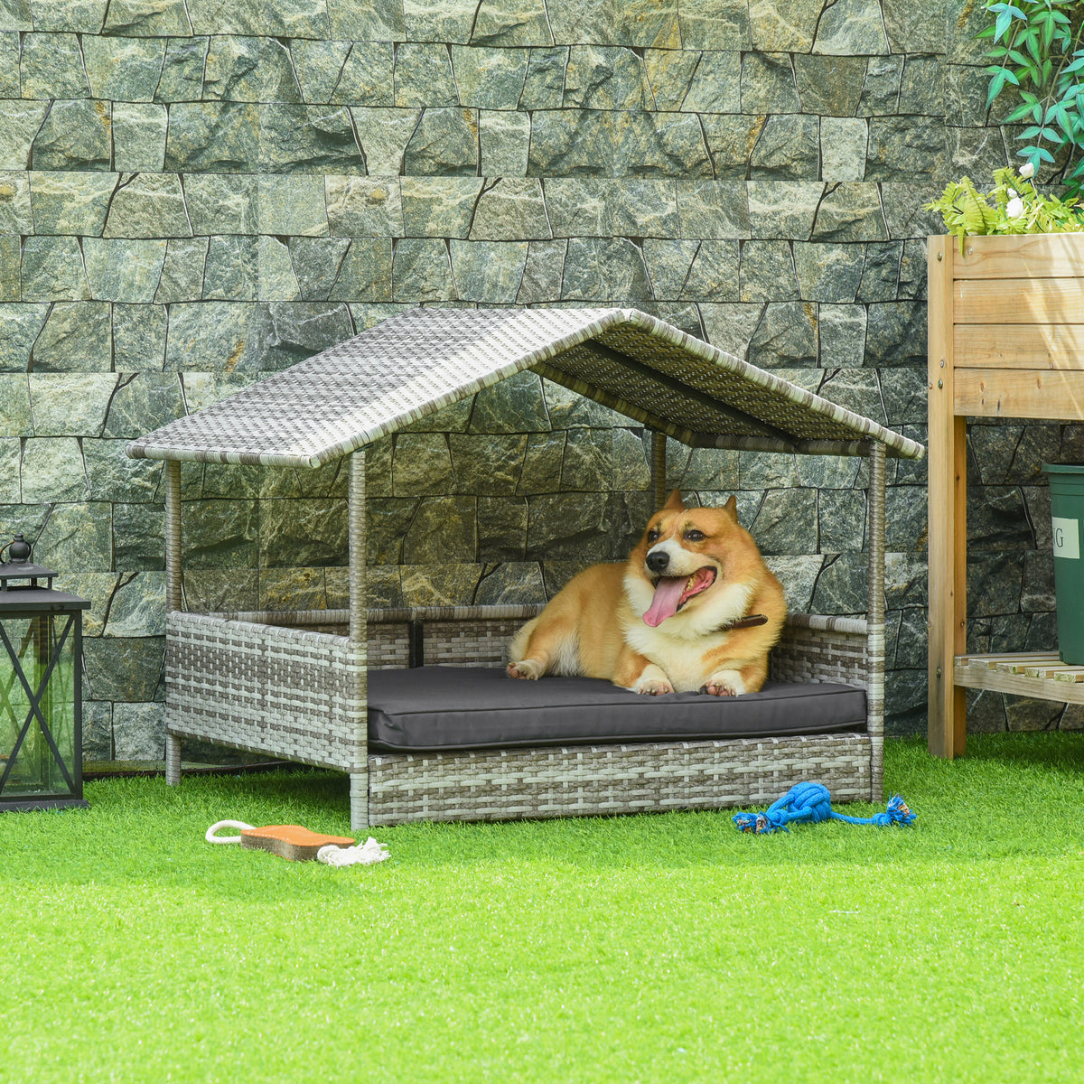 Wicker Dog House Outdoor With Canopy, Rattan Dog Bed With Water Resistant Cushion, For Small And Medium Dogs, Cream White Pe Rattan Iron Waterproof Fabric