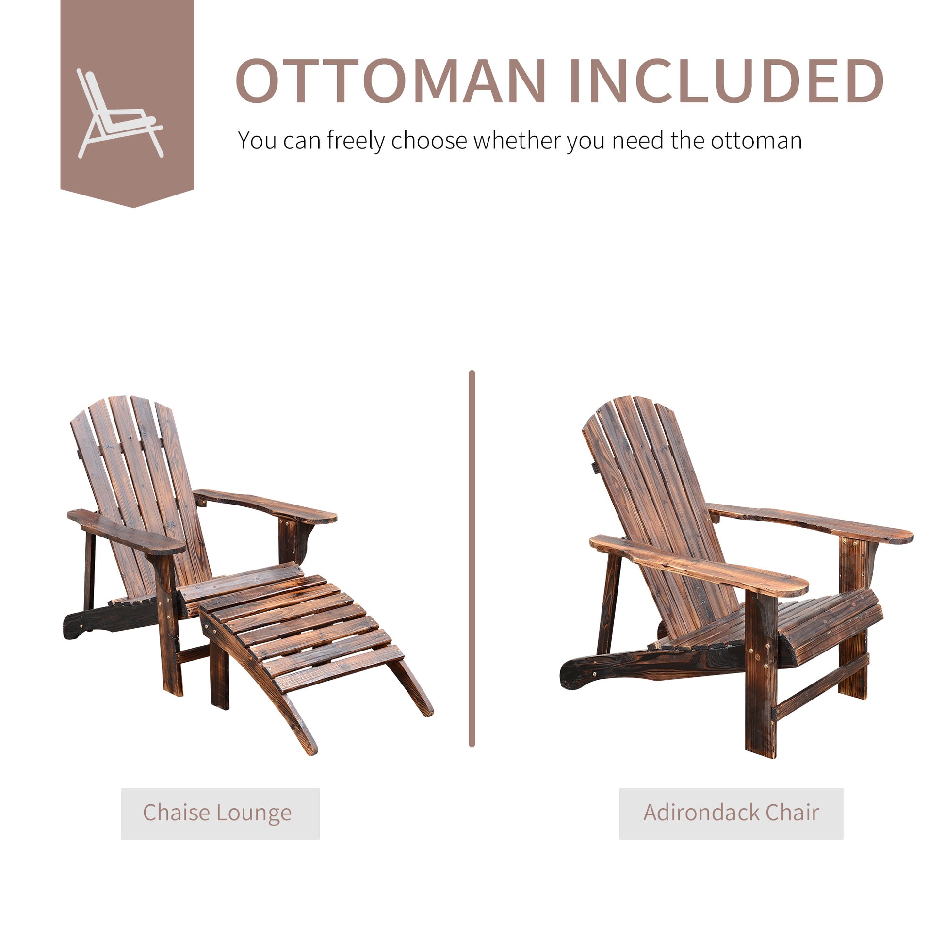 Wooden Adirondack Chair Outdoor Patio Lounge Chair W Ottoman Rustic Brown Natural Wood